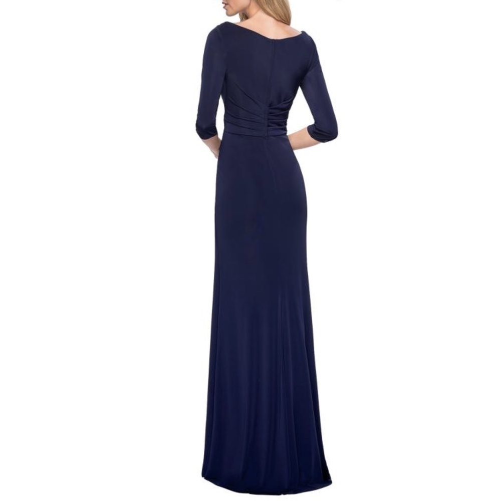 NWT La Femme 26955 Full Length Draped Ruched Bodice 3/4 Sleeve Gown in Navy 6 - Picture 4 of 4